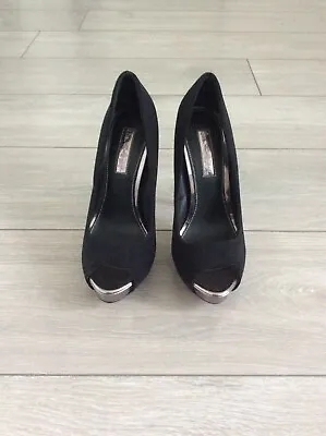 Miss Selfridge High Black Faux Suede Peep Toe Shoes Silver Heel UK SIze 5… • £12.99