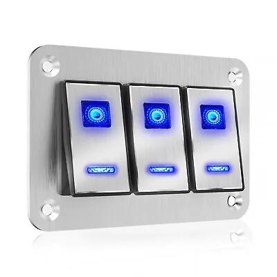 3 Gang Blue LED Light Rocker Switch Panel For Car RV Caravan Marine Boat 12V/24V • $31.26