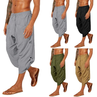 $17.76 • Buy Mens Cargo Sport Cotton Linen 3/4 Harem Pants Casual Beach Loose Hippie Trousers