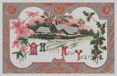 1913 Postcard House Snow Holy Berry Embossed Happy New Year Holiday • £10.63