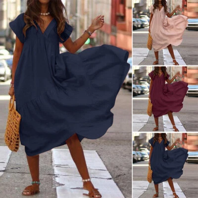 $30.68 • Buy ZANZEA Womens Summer Short Sleeve Hippie Vacation Loose Waist Swing Maxi Dresses