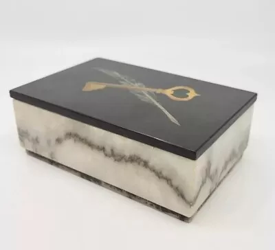 Vintage Pietra Dura Feather & Key Lid Marble Trinket Storage Box 6x4x2  • $175