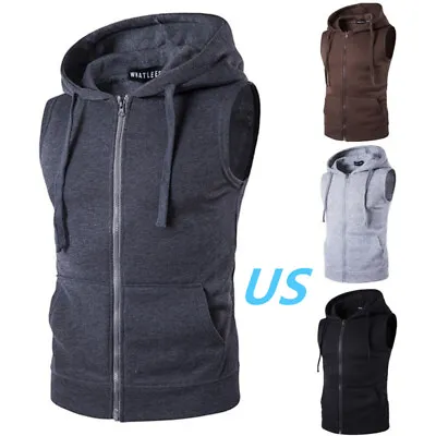 US Mens Casual Hooded Tank Top Sleeveless Zip Up Pullover Sports Workout Vest • $15.59