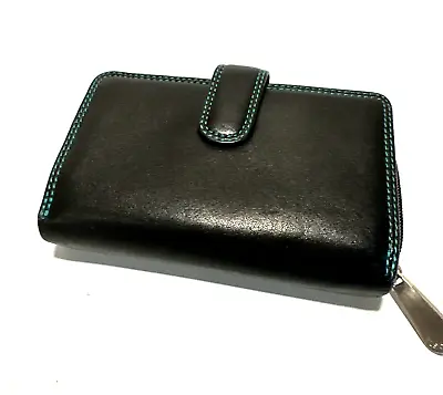Visconti Quality Ladies Soft Leather Two Tone Black Teal Zip Snap Closure Wallet • $33.26