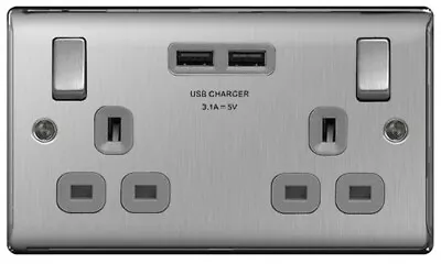 BG Nexus NBS22U3G BRUSHED CHROME STEEL 13A Double USB Plug Wall Socket 2 Gang • £15.49