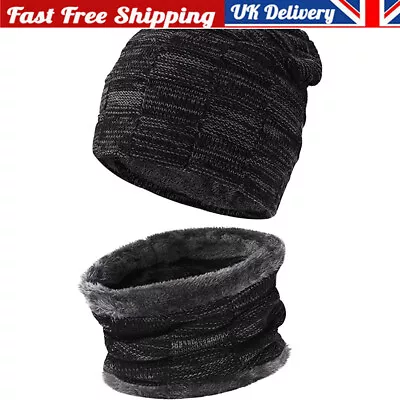 Men's Winter Beanie Hat And Scarf Set Warm Plush Knitted Cap Unisex Adults • £4.98