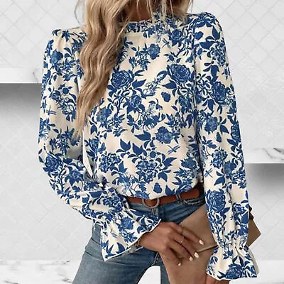 Office Shirt Ruffle Cuffs Workwear Elegant Floral Pattern Blouse Top Breathable • $23.29