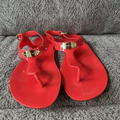 Michael Kors Lillie Jelly Sandals Coral Red Gold MK Logo Thong PVC Women’s Sz 9 • $19.99