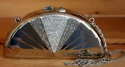 Vintage 1980s Whiting And Davis International Silver And Crystal Fan Clutch • $149.99