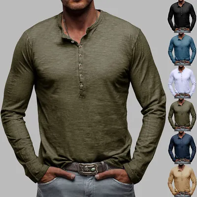 Mens Long Sleeve Henley Shirt Casual Baggy Button Pullover Solid T Shirt Tops US • $18.79