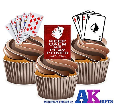 PRECUT Poker Playing Cards 12 Edible Cupcake Toppers Decorations Birthday Party • £3.99