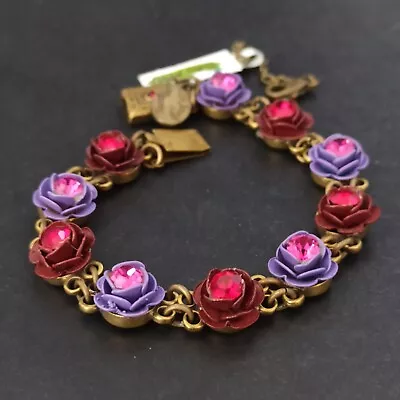 Michal Negrin Roses Bracelet 3D Purple Red With Hot Pink Swarovski Crystals Gift • $95.20