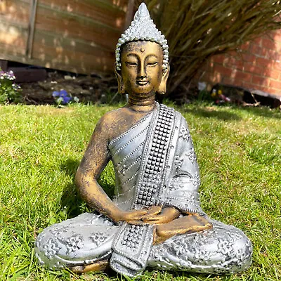 Garden Buddha Statue Cement Silver Gold Outdoor Sitting Zen Buddhist Sculpture  • £20.99