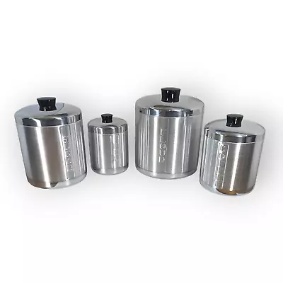 Vintage 1960s Kromex 4 Canister Set NEW IN BOX Shiny Brushed Aluminum Round • $79.99