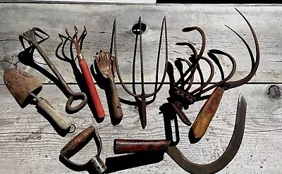 Lot Of 9 Vintage Antique Farm Garden & Hand Tools Cultivator Claw Tines Sickles • $49.50
