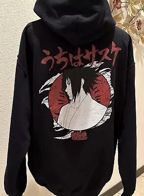 Naruto Shippuden Sasuke Uchiha Hoodie Pullover Black Sz Lg Red White Graphics • $10