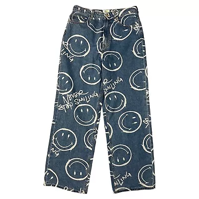 H&M X Smiley Allover Smiley Face Print High Rise Wide Leg Jeans 8 Medium Wash • $29.95