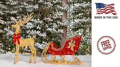 New Christmas LED Lighted Outdoor Yard Decoration Reindeer And Sleigh Xmas Gifts • $199.99