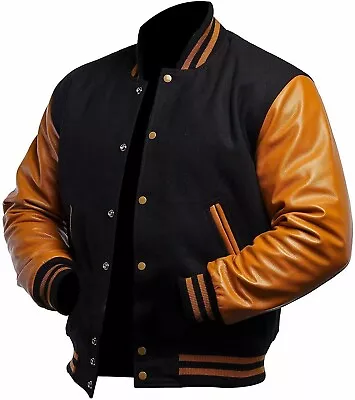 Varsity Letterman Bomber Jacket Black Wool & Tan Brown Genuine Leather Sleeves • $104.99