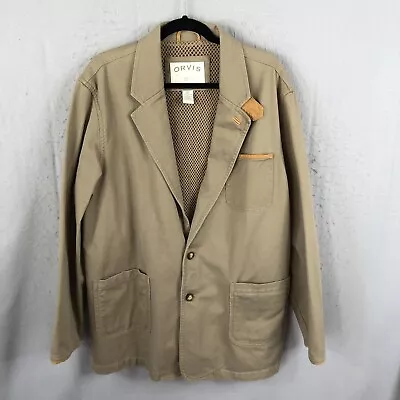 ORVIS Blazer Men 46L Tan Zambezi Jacket Elbow Patches Leather Trim Hunt Safari • $58.78