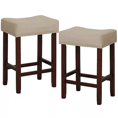 Set Of 2 Counter Height Saddle Kitchen Chairs Bar Stools W/ Wooden Legs Beige • $99.99