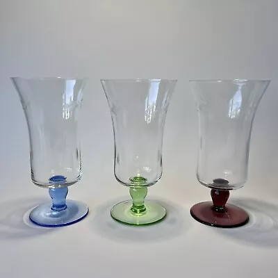 3 Coloured Parfait Etched Glasses. Harlequin. 1950’s. 200ml • $20