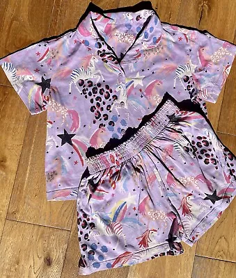 Next Girls Pyjamas Age 9 Button Up Shorts Summer Unicorn Free P&P • £5