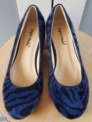 Black And Blue Faux Fur Zebra Print Low Block Heel Round Toe Court Shoes - 3 • £9.99