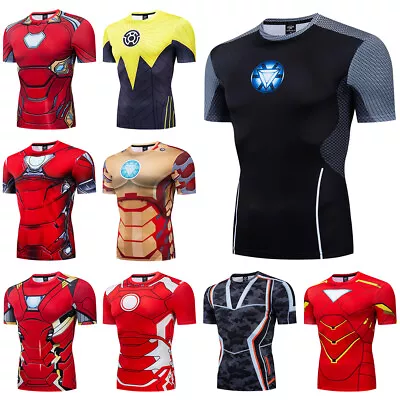 Men's T-shirts Iron Man Superhero Compression Gym Tights Tops Short Sleeve Tee • $13.29