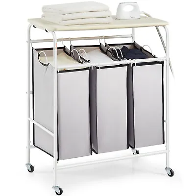 VEVOR 3-Section Laundry Sorter Cart Rolling With Ironing Board & Removable Bags • £51.59