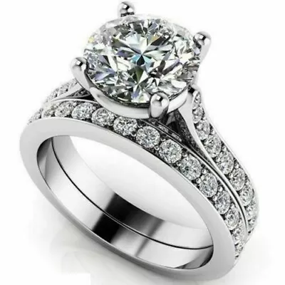 Bridal Set Moissanite Engagement Ring 14K White Gold Filled 2.50 Cts Round Cut • $101