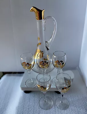 Vintage Wine Decanter Set 5 Glasses Hungarian Handpainted Gold Flowers Crystal • $28