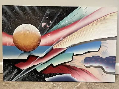 VTG 1980s 90s Space Age Painting BY WOODVILLE Airbrush Texture MOON • $137.50