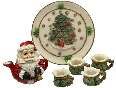 Mini Christmas Tea Set Pot Teacups & Tray Santa Mouth Open Holiday Tree Resin • $11.05