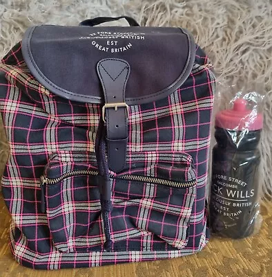 Jack Wills Tartan Plaid Rucksack Navy Pink & Water Bottle • £20