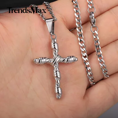 Mens Womens Solid Stainless Steel Christian Cross Pendant Necklace Chain Jewelry • $9.49