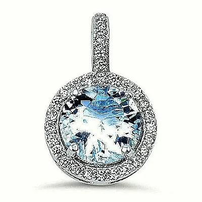 Aquamarine Halo Pendant Necklace In Sterling Silver - March Birthstone • $56.05