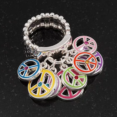 Enamel Multi Peace Charm Flex Ring In Silver Tone/ Multicoloured • £16.90