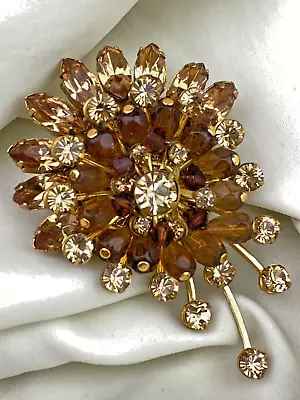 MIRIAM HASKELL Gold Tone 2-Tier Layered Amber/Topaz Stones Pin Brooch • $64.99
