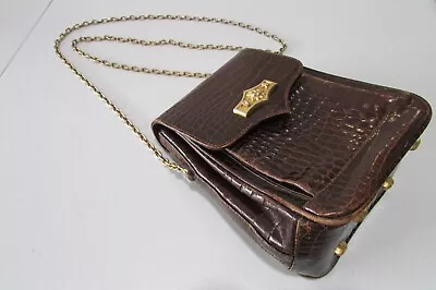 Vicenza Inc 1993 Brown Croc Embossed Leather Chainlink Shoulder Crossbody Bag • $90