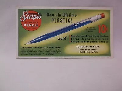 Vintage Scripto Pencil Ink Blotter Schlafman Bros Massachecuetts • $5