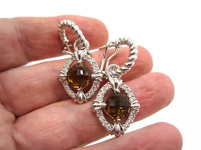 Judith Ripka Sterling Silver Brown Quartz CZ Dangle Charm Pierced Earrings • $179