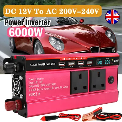 6000W Converter Car Power Invertor Charger DC 12V To AC 110V-220V 4 USB LCD-UK • £29.98