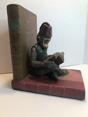Dezine Bookend Reading Monkey Fez Hard Resin Hand Painted Euc 1998 • $19.99
