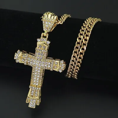 925 Silver Gold Crystal Cross Pendant Necklace Chain Women Men's Jewellery Jesus • £4.21