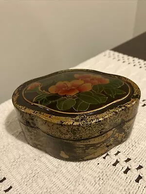 Vintage Box Kashmir Paper Mache Hand Painted~Black With Gold/Orange Flowers. • $16.25