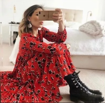 ZARA The Angel Long Maxi Red Black Floral Smock Flared  Dress Size M CUTE! • $40