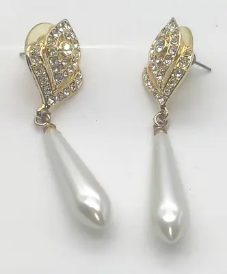 Vtg Unsigned Goldtone Rhinestone Pearl Drop Dangle Earrings Pierced • $13.33