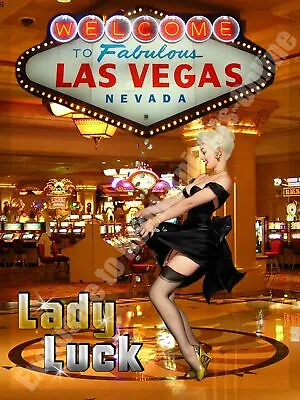 Lady Luck Las Vegas Casino Pin-Up Girl Gambling Small Metal/Steel Wall Sign • £5.95
