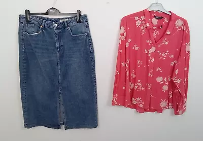 2x Marks & Spencer Bundle Size 16 Med Indigo Skirt Coral Floral Blouse NWOT F2 • £10.50